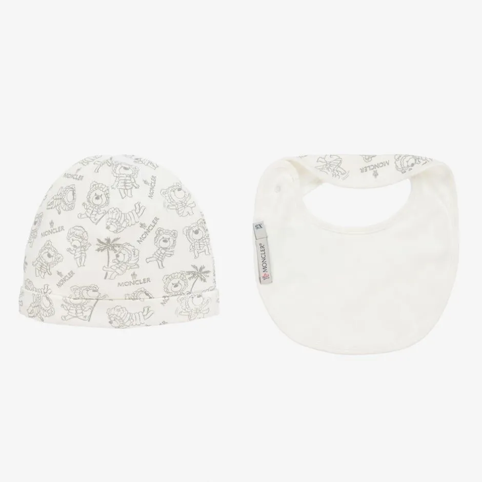 Moncler Enfant Ivory Teddy Bear Cotton Hat & Bib Set Outlet