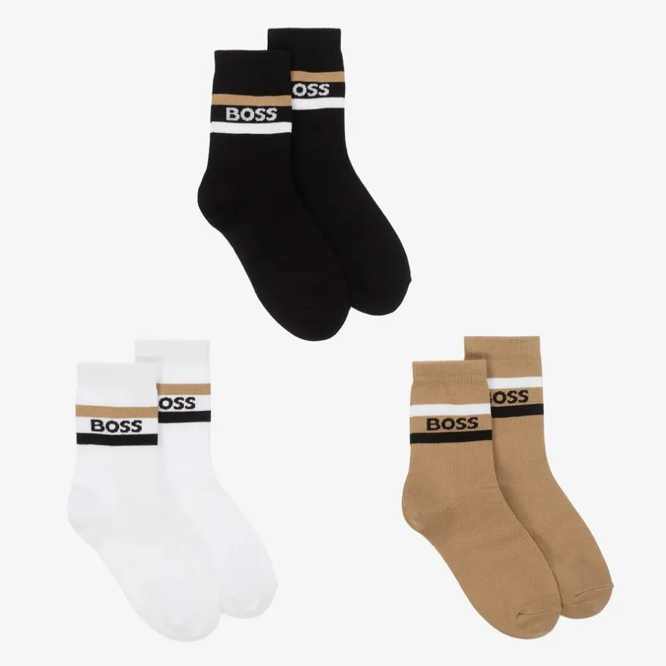 BOSS Junior Boys Black & Beige Socks (3 Pack) New