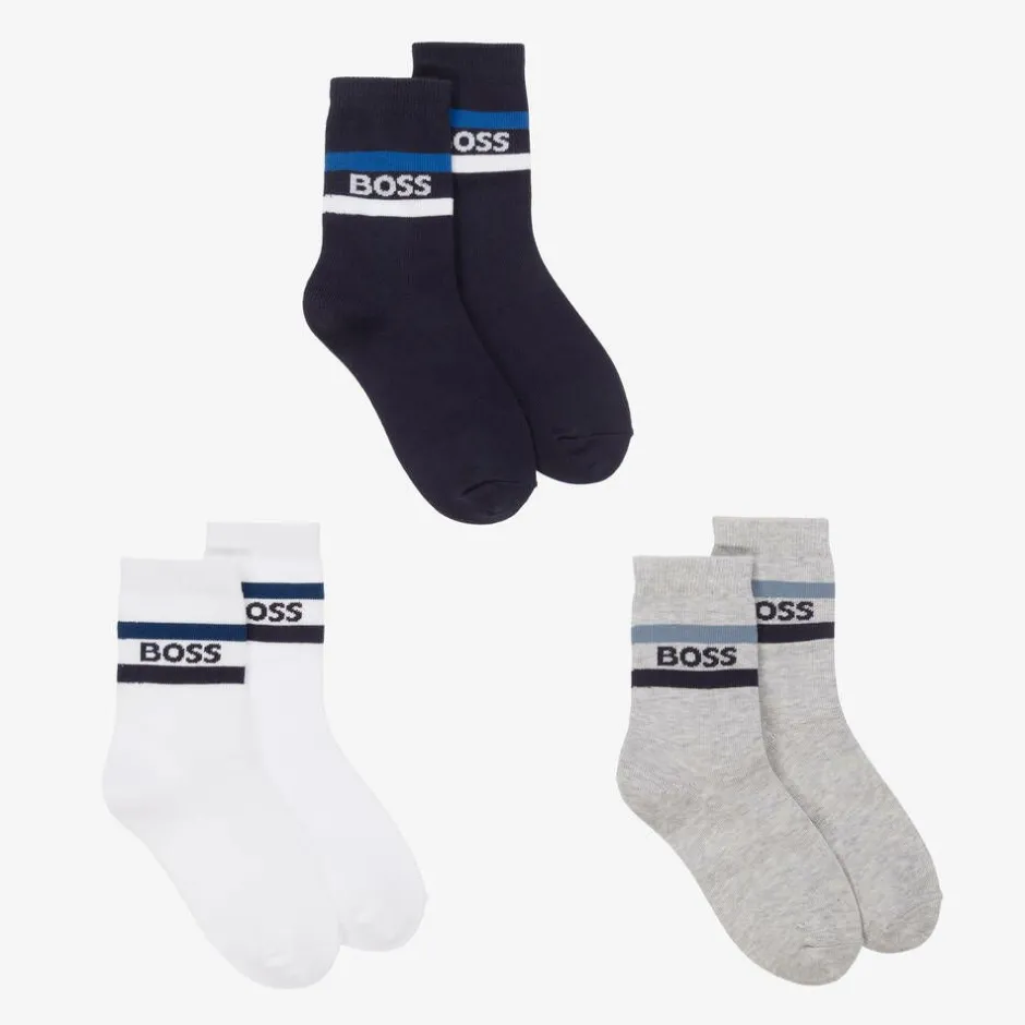 BOSS Junior Boys Navy Blue & Grey Socks (3 Pack) Hot