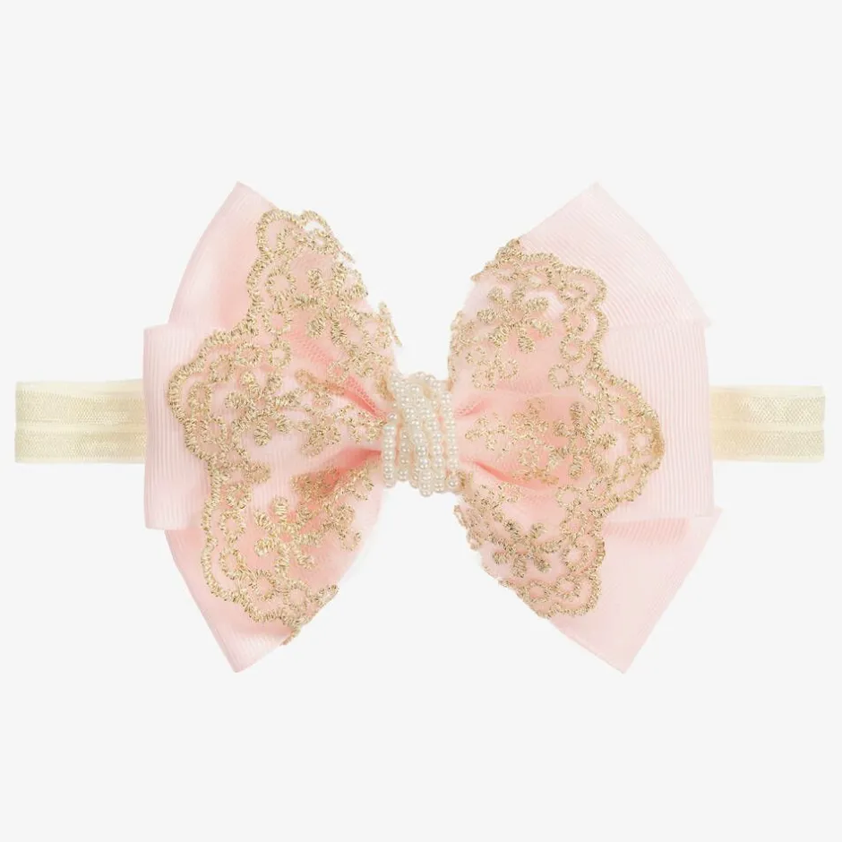 Cute Cute Large Pink Bow with Gold Lace & Pearls Headband Online
