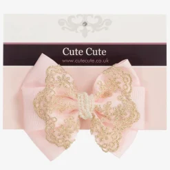 Cute Cute Large Pink Bow with Gold Lace & Pearls Headband Online