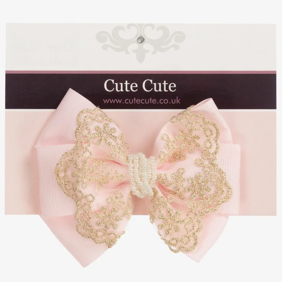 Cute Cute Large Pink Bow with Gold Lace & Pearls Headband Online