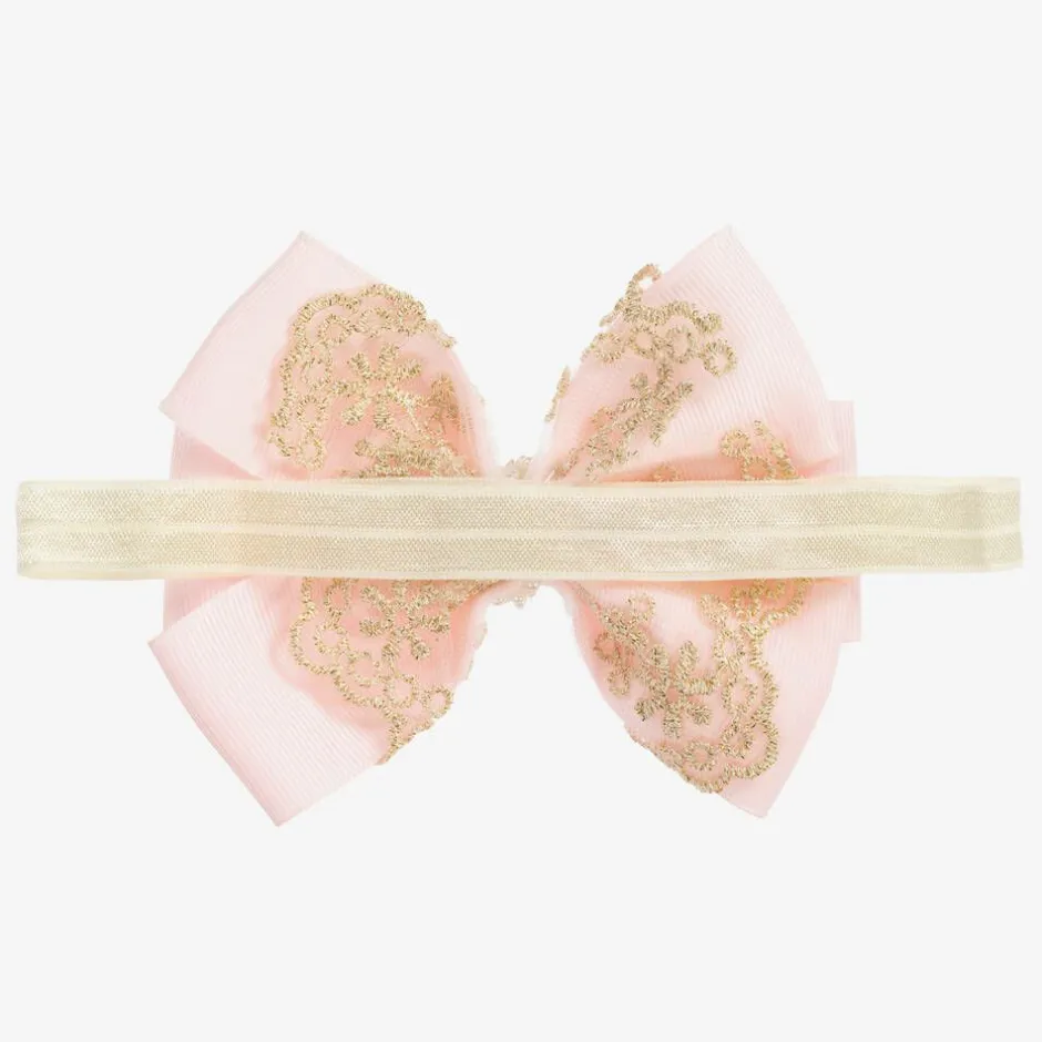 Cute Cute Large Pink Bow with Gold Lace & Pearls Headband Online
