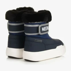 Moon Boot Navy Blue Faux Fur Trim Velcro Boots Clearance