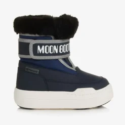Moon Boot Navy Blue Faux Fur Trim Velcro Boots Clearance