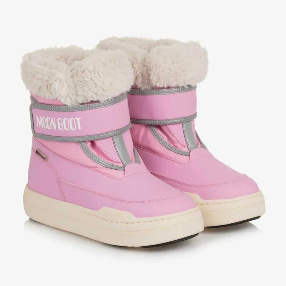 Moon Boot Pink Faux Fur Trim Velcro Boots Best