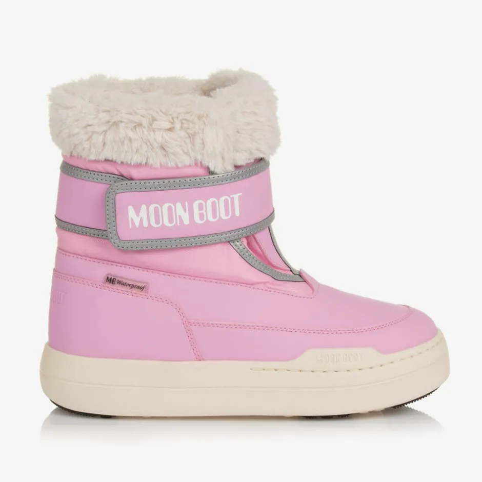 Moon Boot Pink Faux Fur Trim Velcro Boots Best