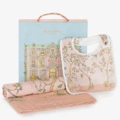 Atelier Choux Paris Pink Organic Cotton Swaddle & Bib Set New
