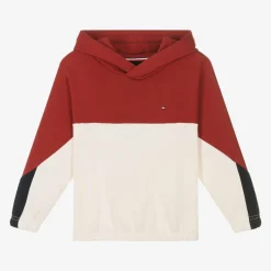 Tommy Hilfiger Red & White Cotton Color Block Hoodie Hot