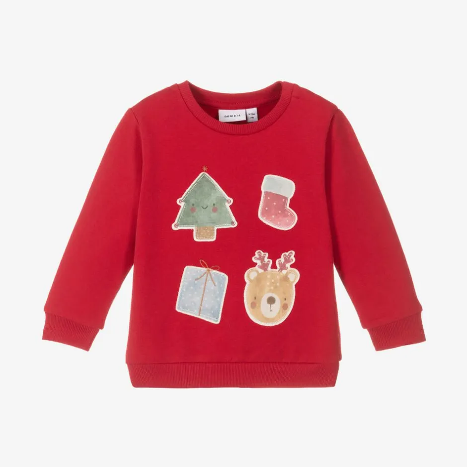 NAME IT Red Festive Cotton Baby Sweatshirt Outlet