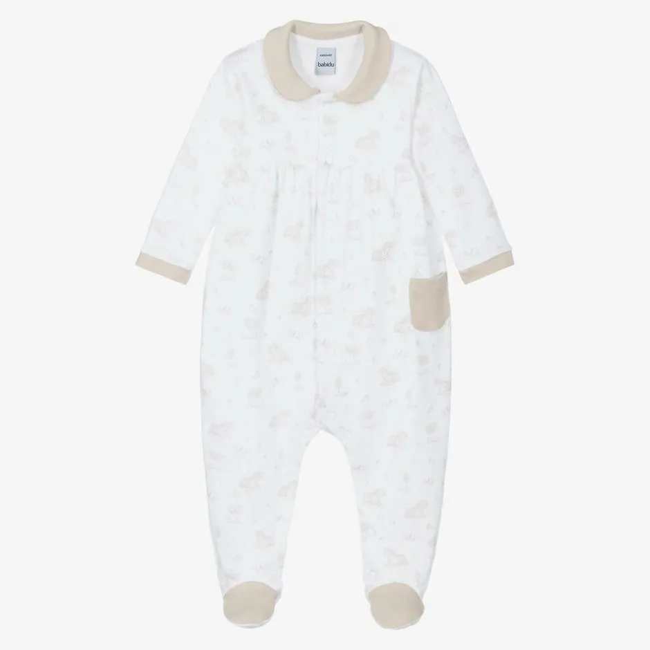 Babidu White & Beige Cotton Babygrow Sale