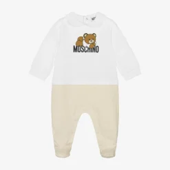 Moschino Baby White & Beige Organic Cotton Babygrow Outlet