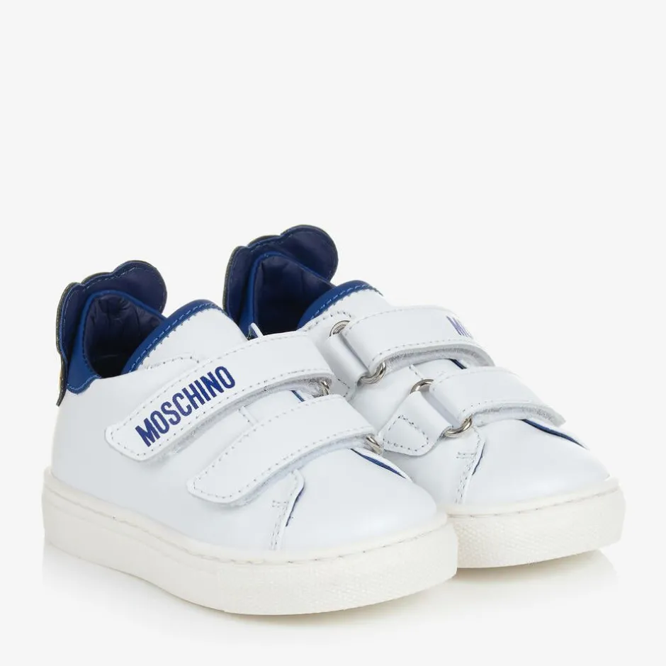 Moschino Kid-Teen White & Blue Leather Teddy Bear Trainers Outlet