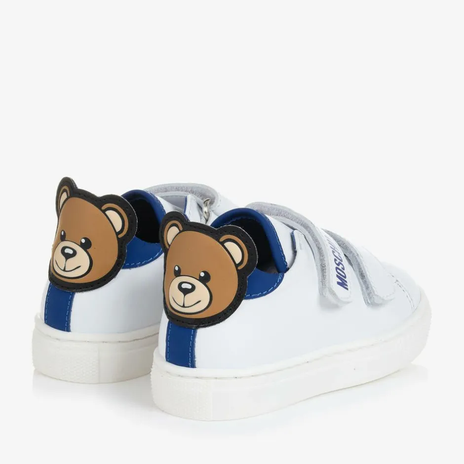 Moschino Kid-Teen White & Blue Leather Teddy Bear Trainers Outlet