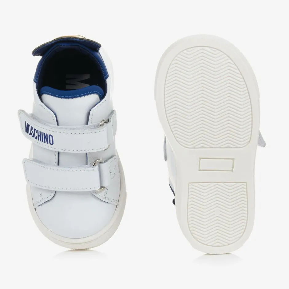 Moschino Kid-Teen White & Blue Leather Teddy Bear Trainers Outlet