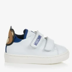 Moschino Kid-Teen White & Blue Leather Teddy Bear Trainers Outlet