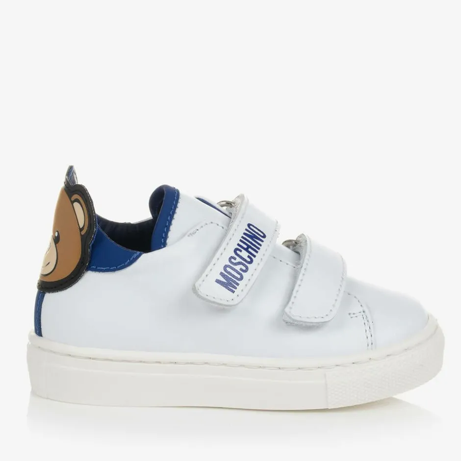 Moschino Kid-Teen White & Blue Leather Teddy Bear Trainers Outlet