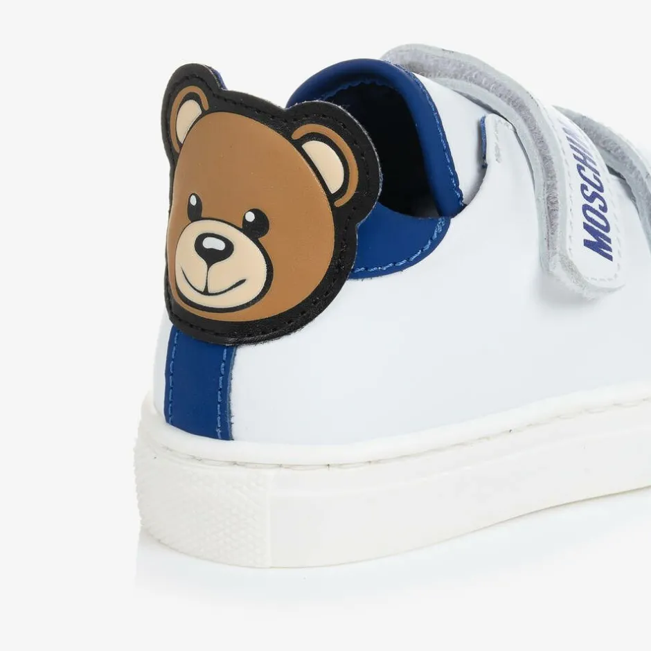 Moschino Kid-Teen White & Blue Leather Teddy Bear Trainers Outlet