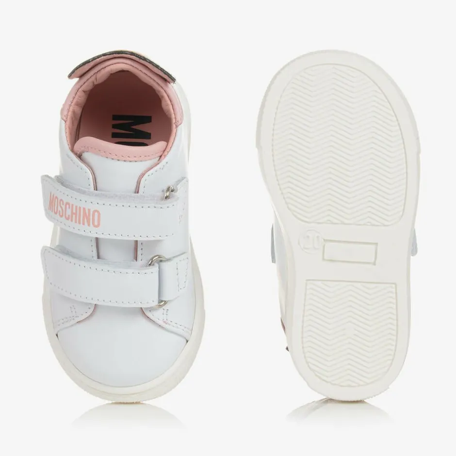 Moschino Kid-Teen White & Pink Leather Teddy Bear Trainers Discount