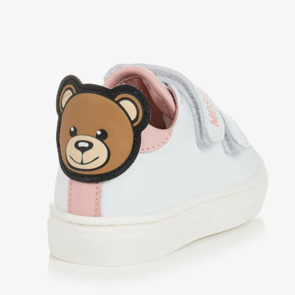 Moschino Kid-Teen White & Pink Leather Teddy Bear Trainers Discount