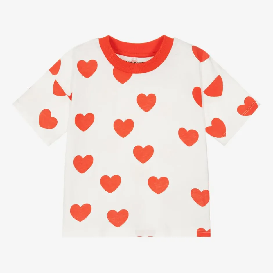 Mini Rodini White & Red Heart Print Cotton T-Shirt Outlet