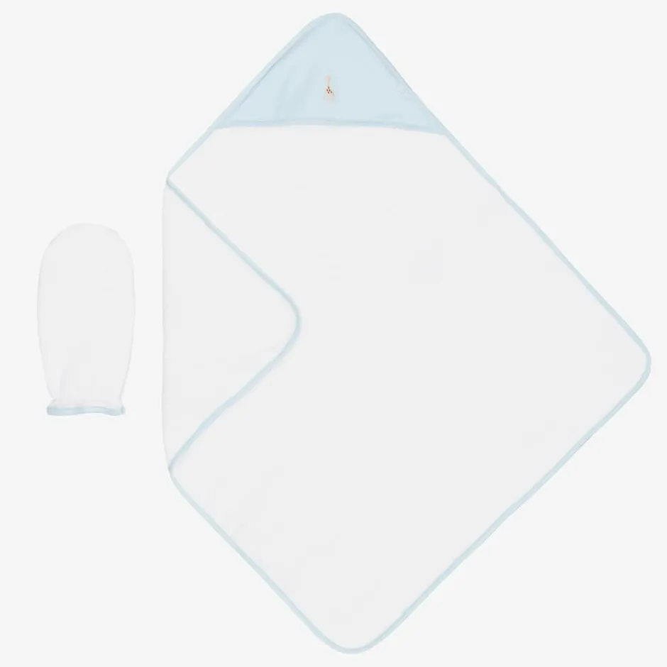 Kissy Kissy White & Blue Cotton Hooded Towel & Mitt Set Clearance