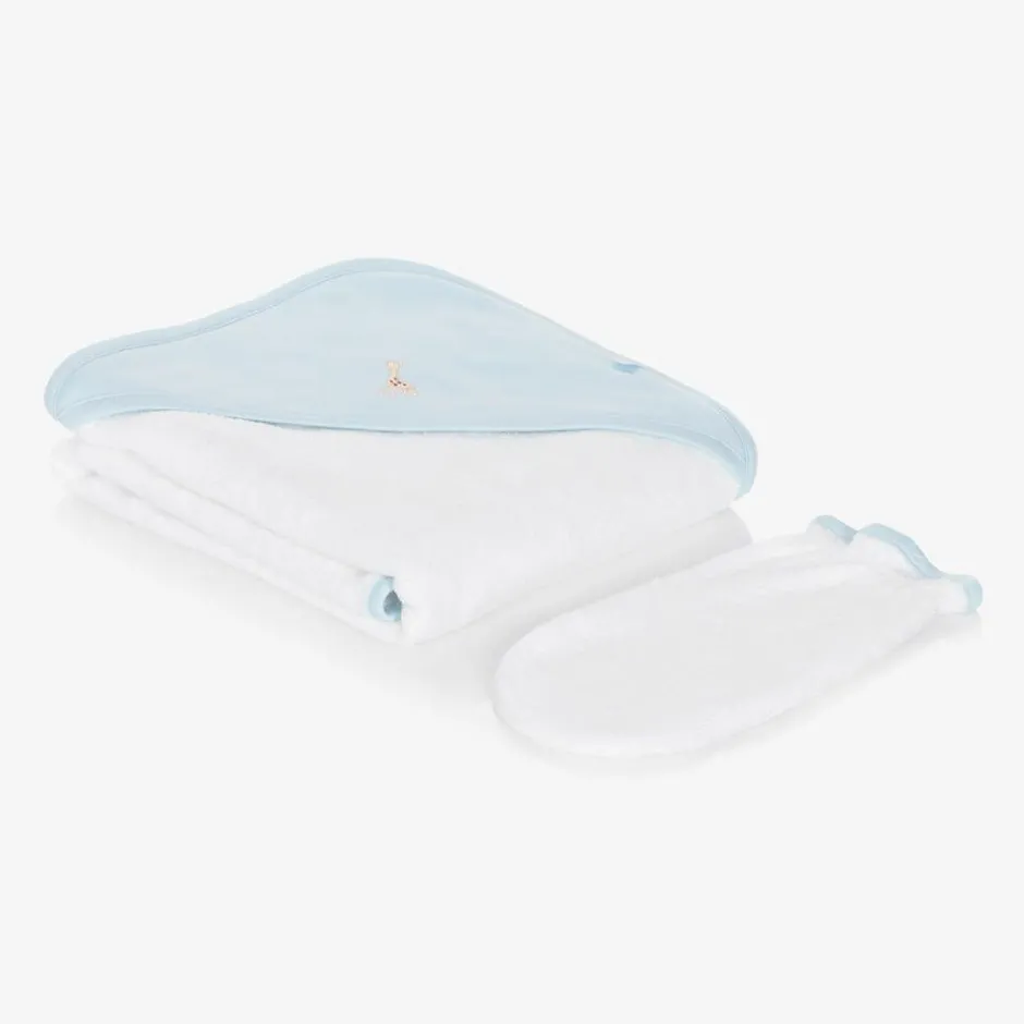 Kissy Kissy White & Blue Cotton Hooded Towel & Mitt Set Clearance