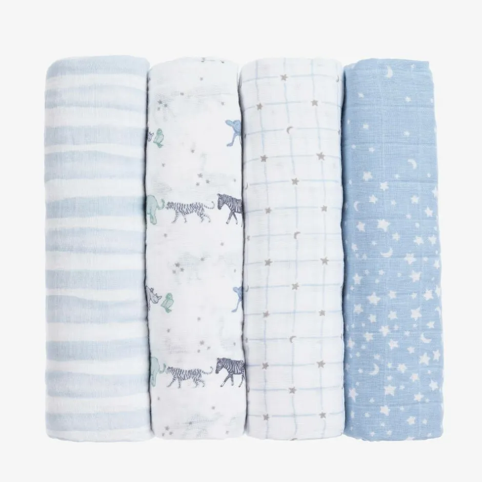 aden + anais White & Blue Muslin Swaddles (4 Pack)