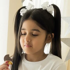 Peach Ribbons White Bow Hair Elastic (7cm) New