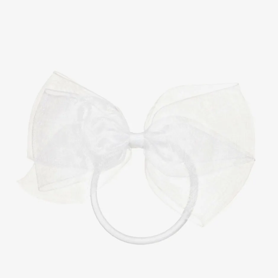 Peach Ribbons White Bow Hair Elastic (12cm)