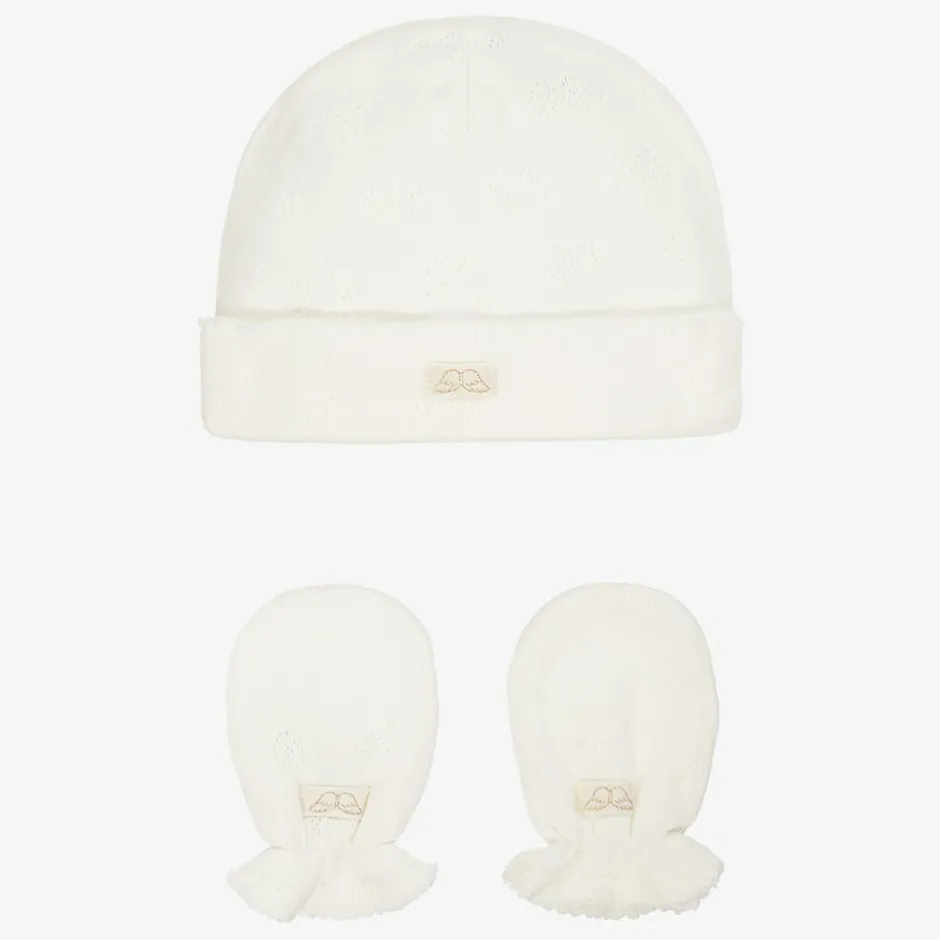 Marie-Chantal White Cotton Angel Wing Hat & Mittens Set Best
