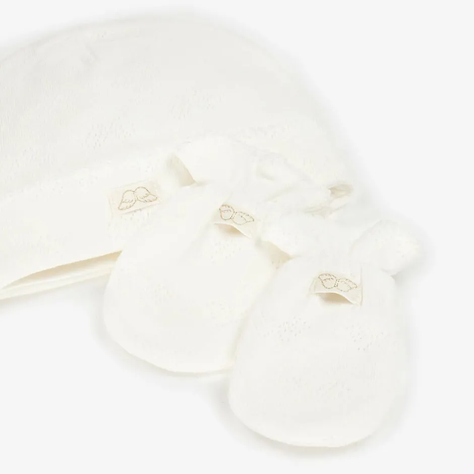 Marie-Chantal White Cotton Angel Wing Hat & Mittens Set Best