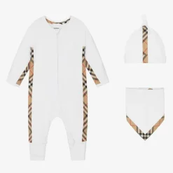 Burberry White Cotton Check Babysuit Gift Set Outlet