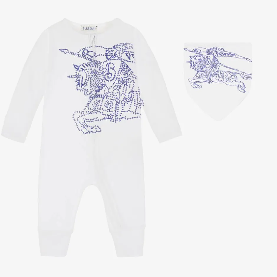 Burberry White Cotton EKD Babysuit Gift Set Online