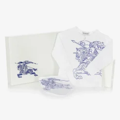Burberry White Cotton EKD Babysuit Gift Set Online