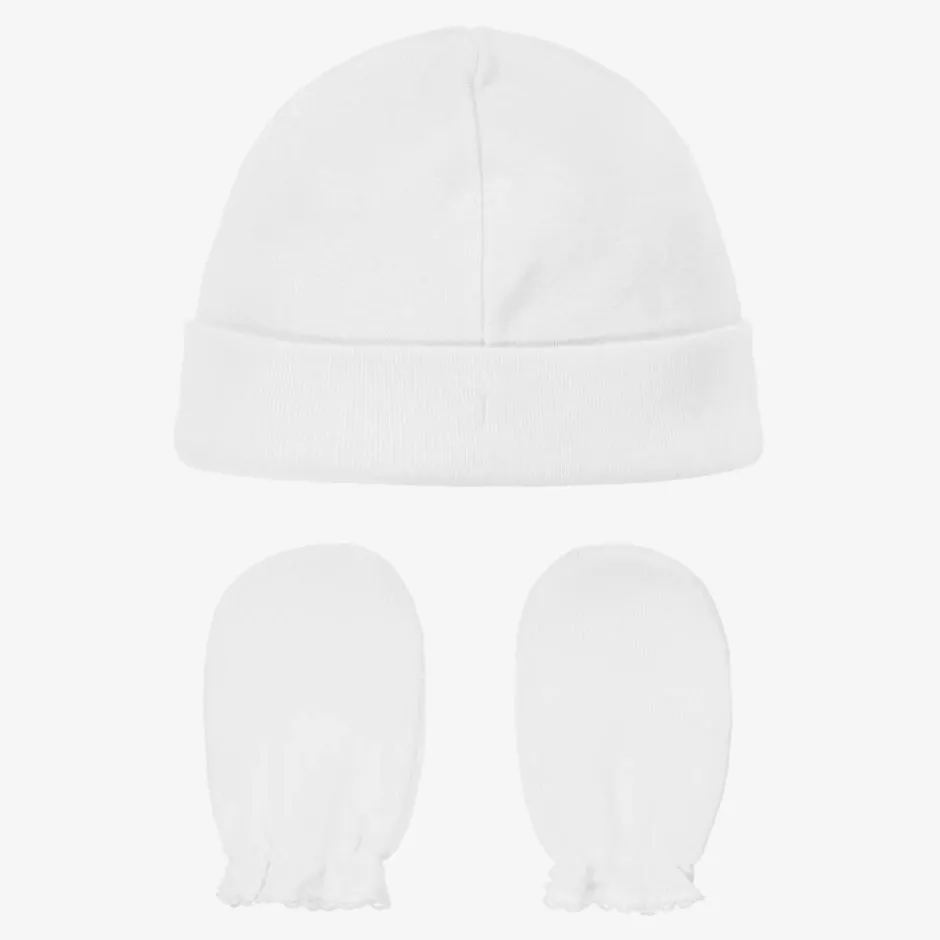 Babidu White Cotton Hat & Mittens Set Sale
