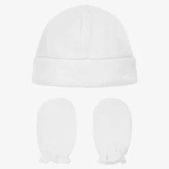 Babidu White Cotton Hat & Mittens Set Sale