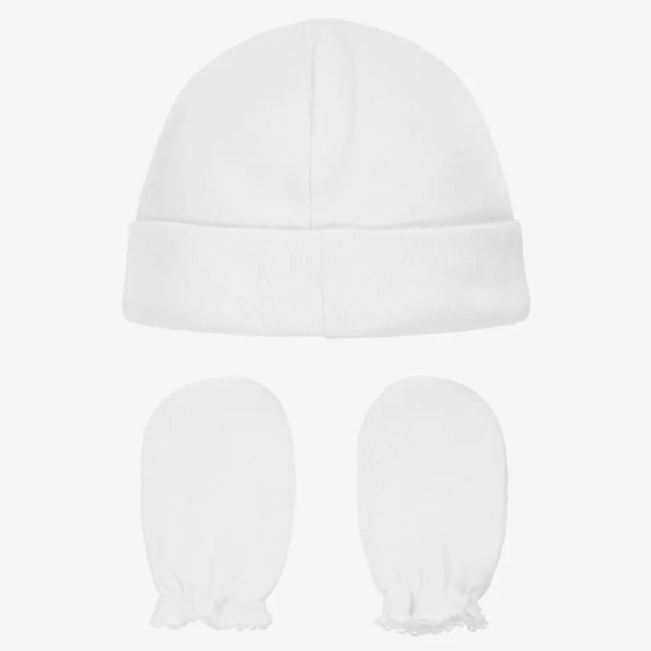 Babidu White Cotton Hat & Mittens Set Sale
