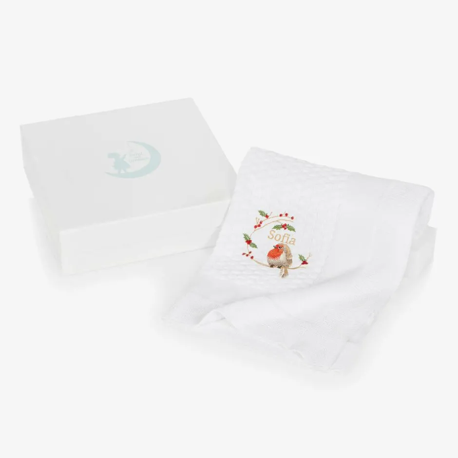 Paint My Dreams White Cotton Personalised Robin Blanket (88cm)