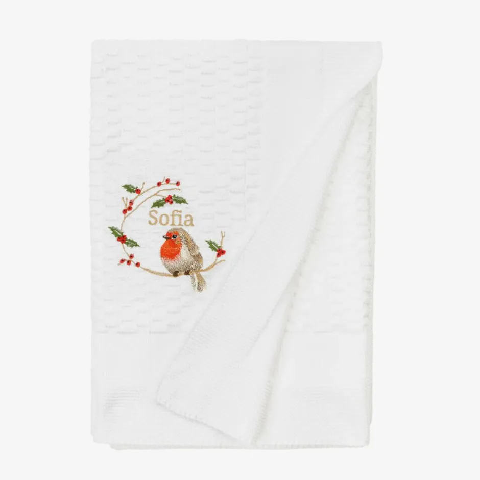 Paint My Dreams White Cotton Personalised Robin Blanket (88cm)