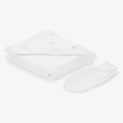 Kissy Kissy White Cotton Roses Hooded Towel & Mitt Set Clearance