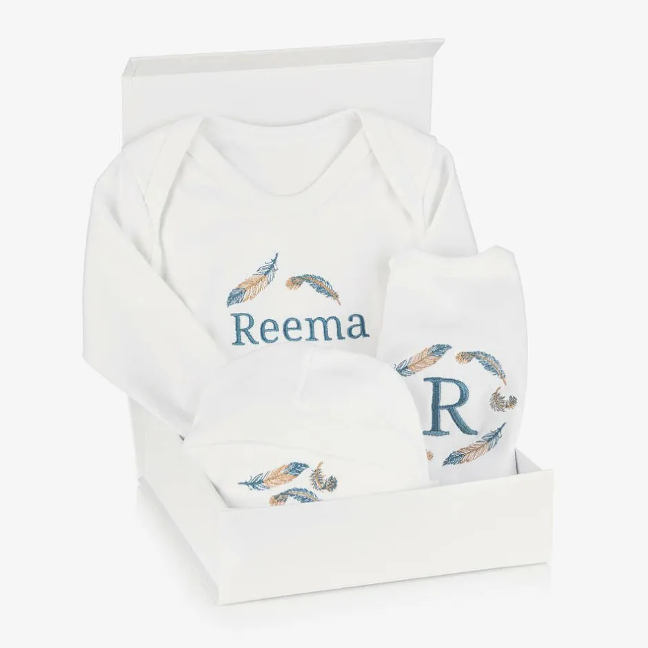 Paint My Dreams White Feather Personalised Babysuit Gift Set Discount