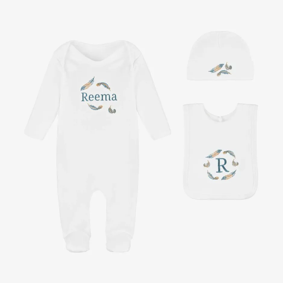 Paint My Dreams White Feather Personalised Babysuit Gift Set Discount