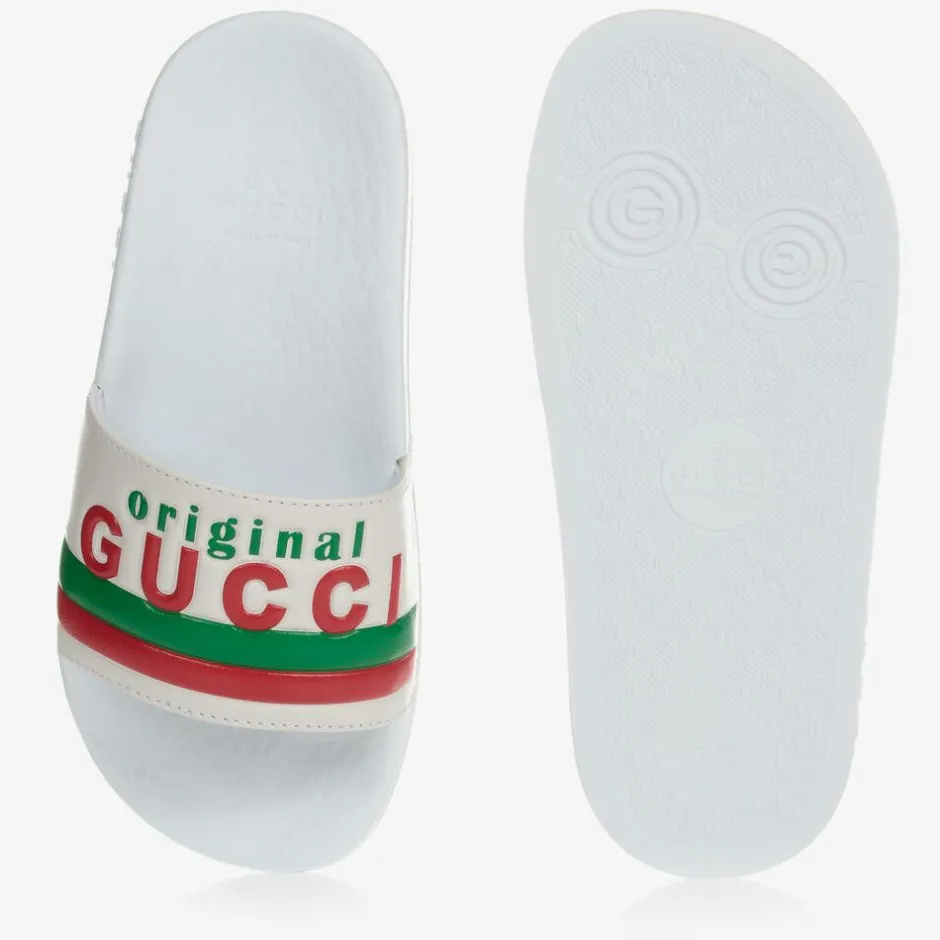 Gucci White Leather Logo Sliders Discount