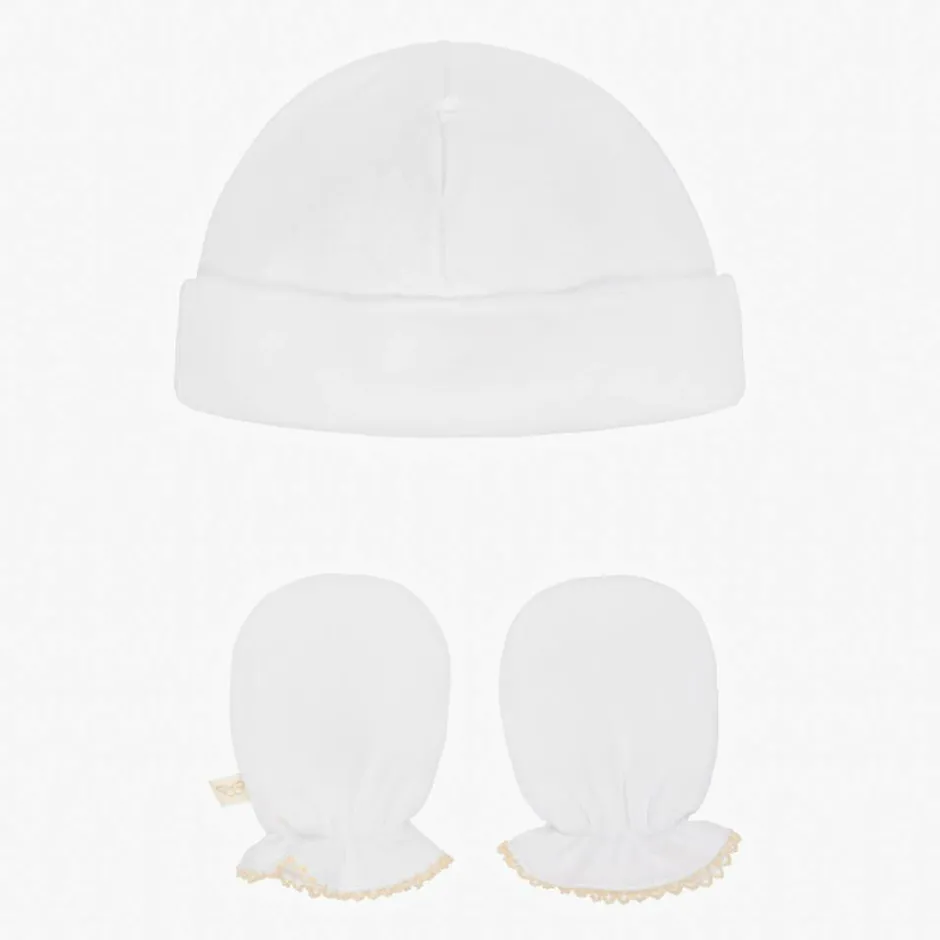 Marie-Chantal White Pima Cotton Baby Hat & Mittens Set Online