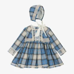 Abuela Tata Baby Girls Blue Check Cotton Dress Set Hot