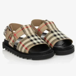 Burberry Beige Check Leather Sandals Discount