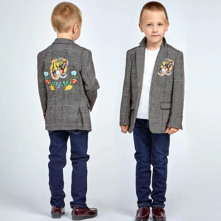 Romano Boys Grey Tweed Tiger Blazer New