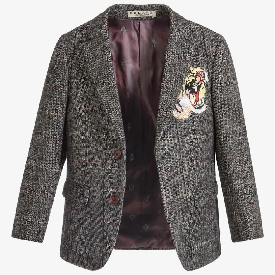 Romano Boys Grey Tweed Tiger Blazer New