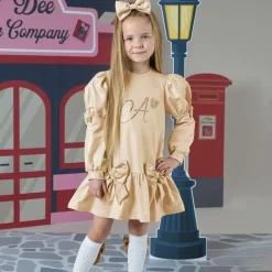 A Dee Girls Beige Cotton Bow Dress